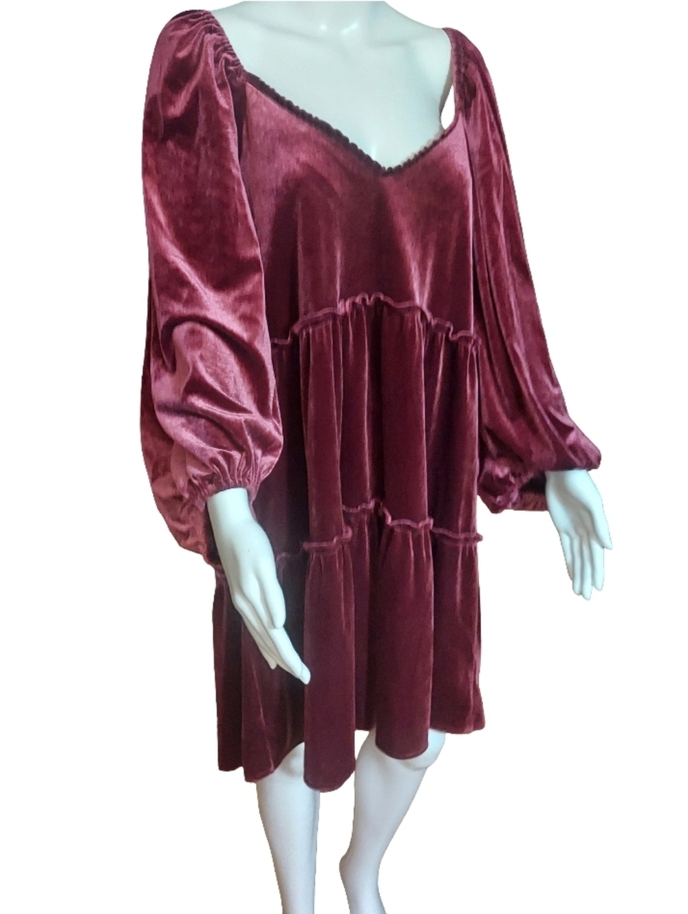 Betsey Johnson Velvet Tiered Babydoll Dress In Burgundy - Picture 4 of 16